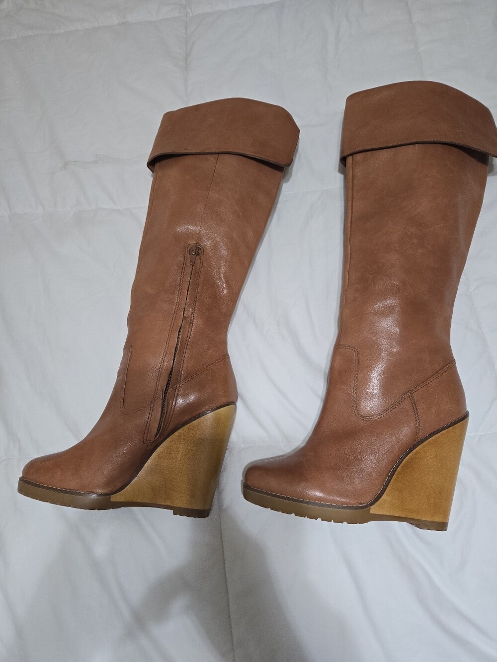 Ralph Lauren Tia Leather Wedge Heel Tall Riding Boots Womens 8 Brown Pre-ownd